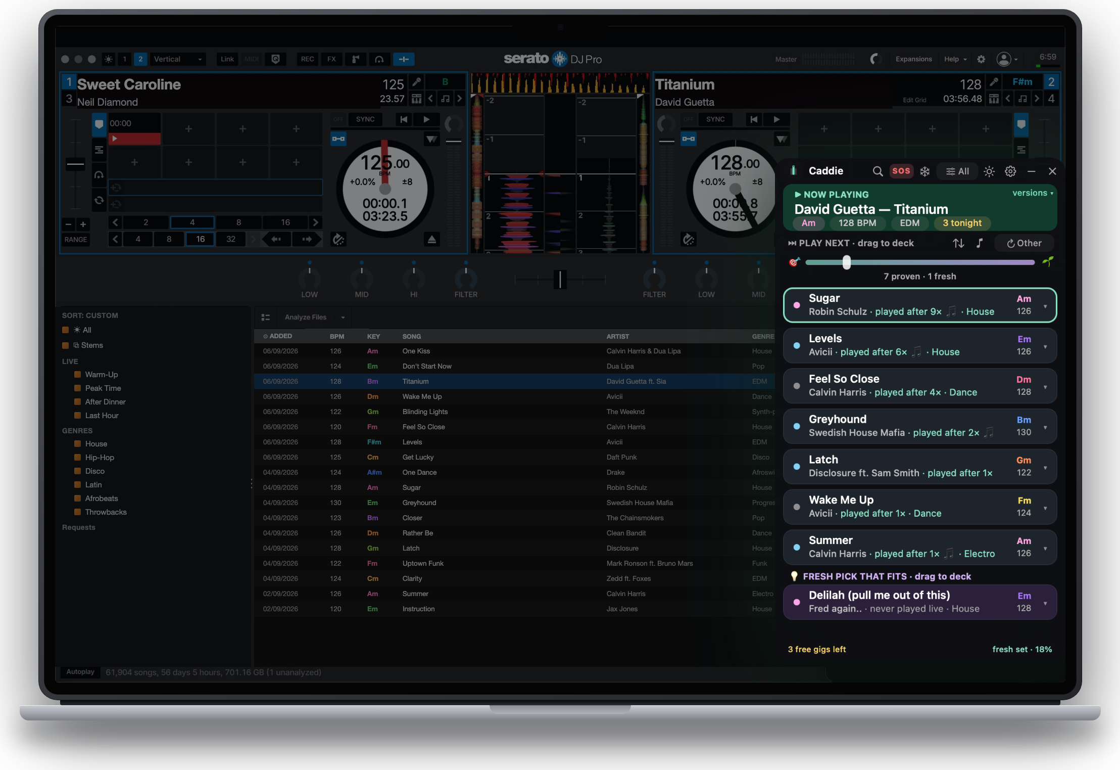 A MacBook running Serato DJ Pro with two decks loaded and the full library, and the Deck Caddie panel floating at the right of the screen: the track playing now, the next suggestions with their keys colour-coded, and drag any row onto a deck — the panel over your DJ software on your own Mac.