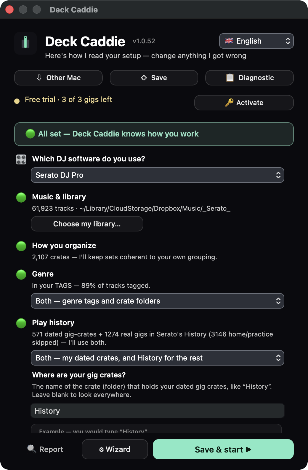 The setup screen: green lights for library, crates, genre source, play history, favourite colour, gig mark and date style — each showing what was detected and offering a way to correct it.